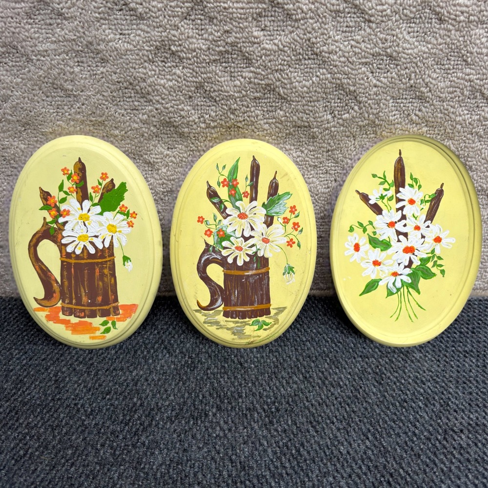 Vintage 1975 Nancy Armanini Hand Painted Floral Wall Plaques Set of 3 Yellow 8.5